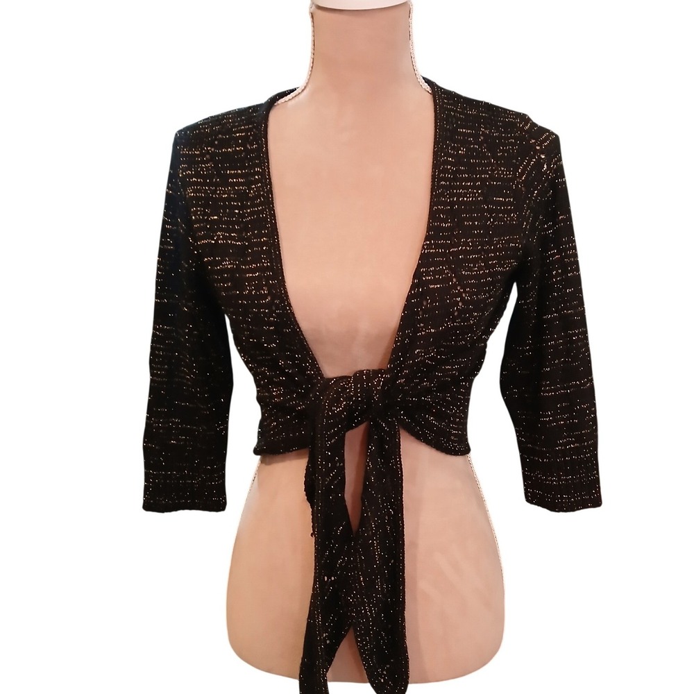 Vtg Y2k Kikit Black Gold Metallic Tie Front Cropped Shrug Cardigan Medium Glam